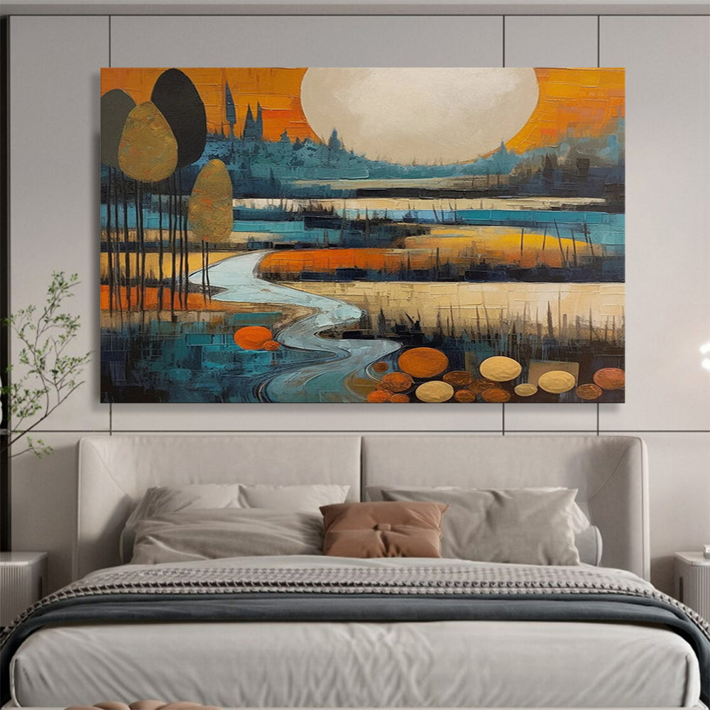 “Color - Blocked Landscape with River and Moon” - Cubist Landscape Painting On Canvas PT086