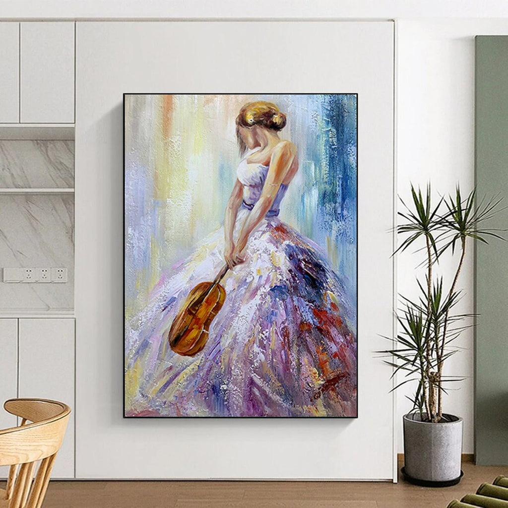 “Woman in Colorful Gown with Violin” - Vibrant Oil Painting On Canvas PT2182