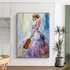 “Woman in Colorful Gown with Violin” - Vibrant Oil Painting On Canvas PT2182