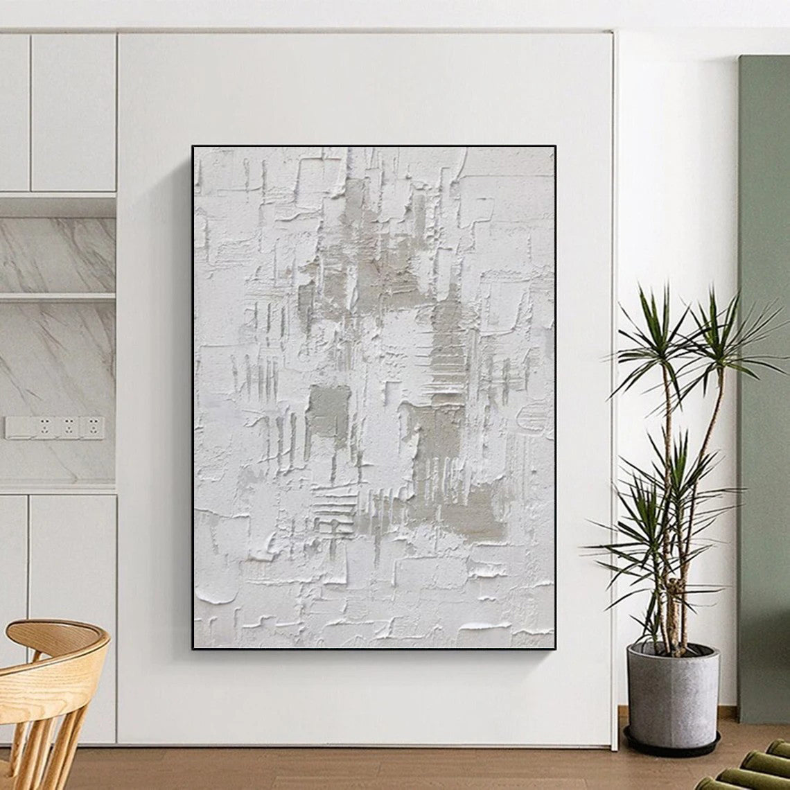“White Textured Minimalism” - Monochromatic, Textured Abstract Painting On Canvas PT1063