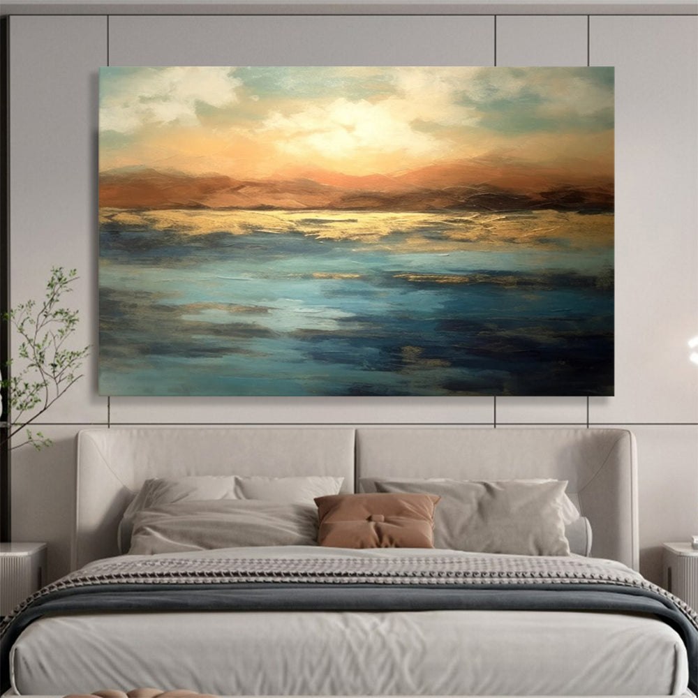 “Sunset Lake in Gold and Blue” - Expressive Landscape Painting On Canvas PT066