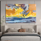 “Dynamic Abstract Coastal in Yellows, Grays & Blues” - Energetic Modern Oil Painting On Canvas PT034