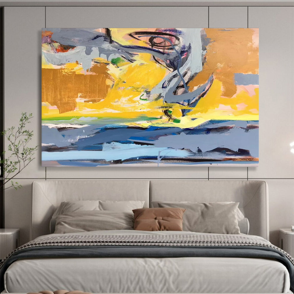 “Dynamic Abstract Coastal in Yellows, Grays & Blues” - Energetic Modern Oil Painting On Canvas PT034