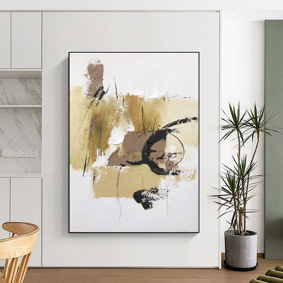 Beige, Brown, Black Organic Marks “Desert Sketch” - Painting On Canvas PS0797
