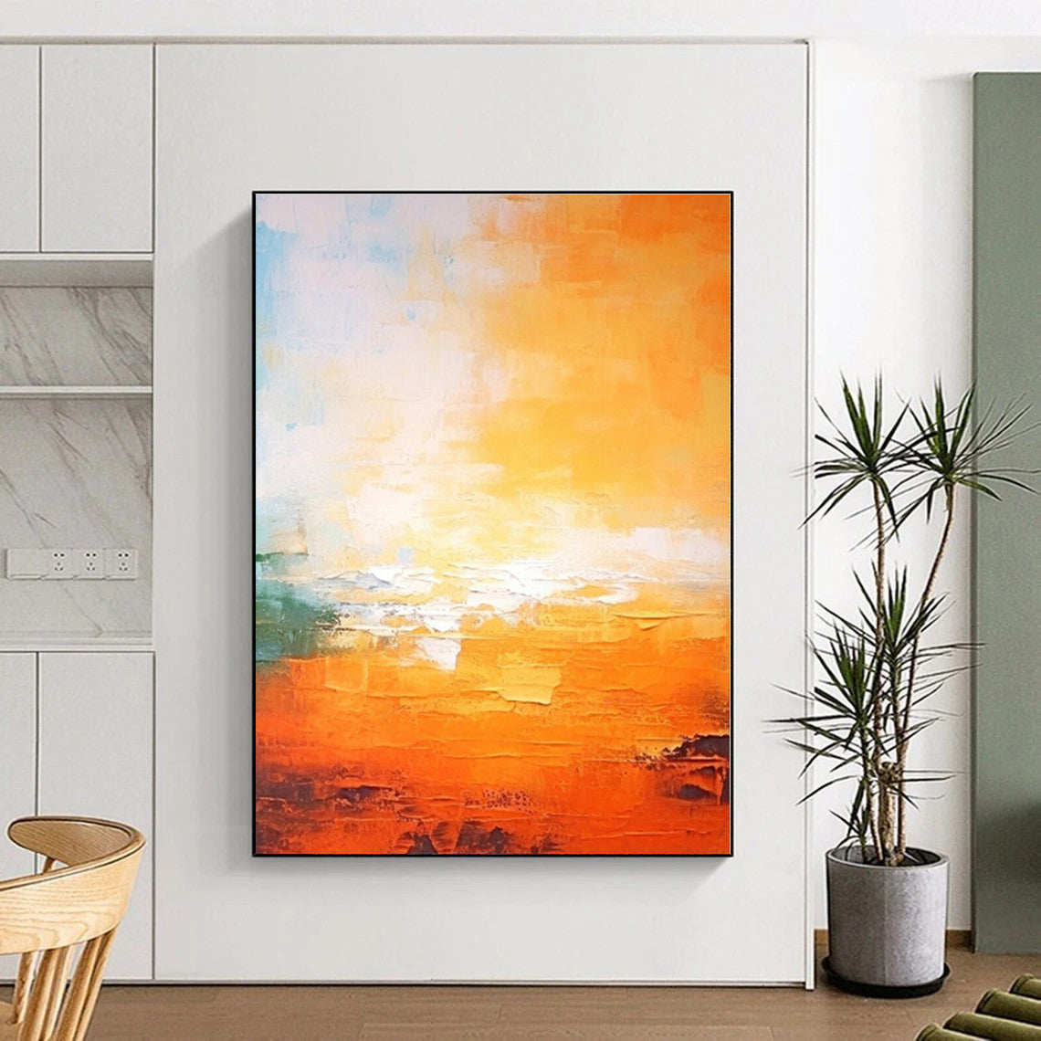 “Orange - Blue Abstract Sunset” - Orange, Blue, Green Abstract Painting On Canvas PS0447
