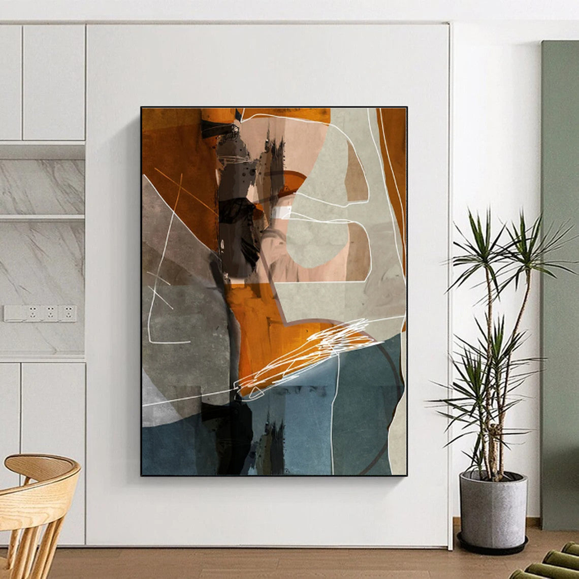 “Orange - Gray Geometric Collage” - Orange, Gray, Blue Abstract Geometric Painting On Canvas PS0567