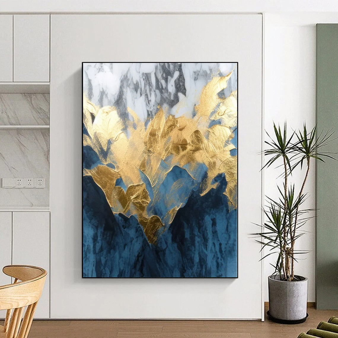 “Blue - Gold Abstract with Marble - like Textures” - Luxurious Abstract Painting On Canvas PS0285