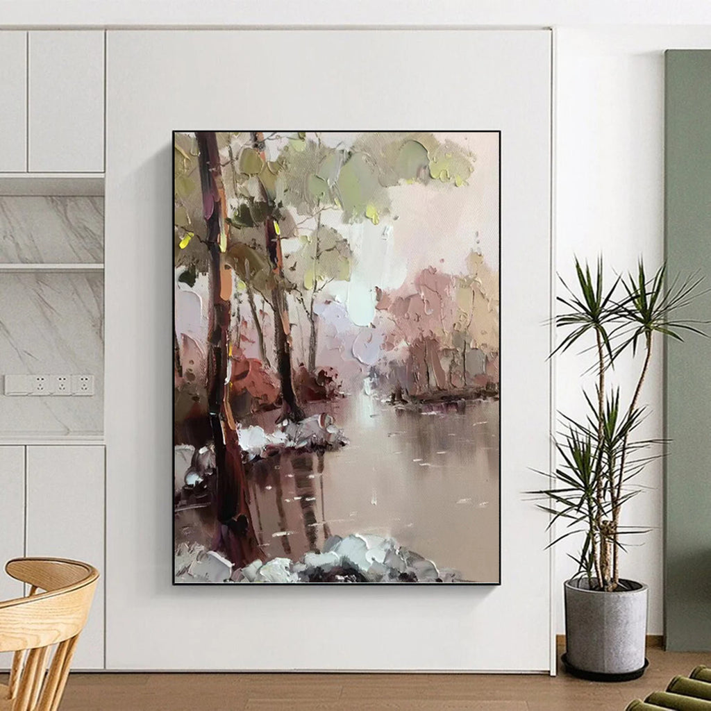 “Pastel - Toned River Forest” - Impressionist Landscape Painting On Canvas PT1296