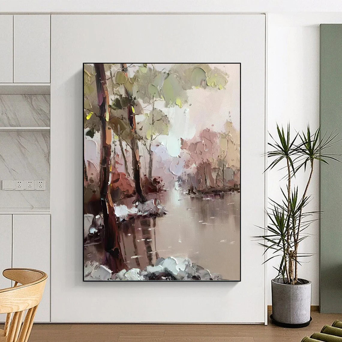“Pastel - Toned River Forest” - Impressionist Landscape Painting On Canvas PT1296