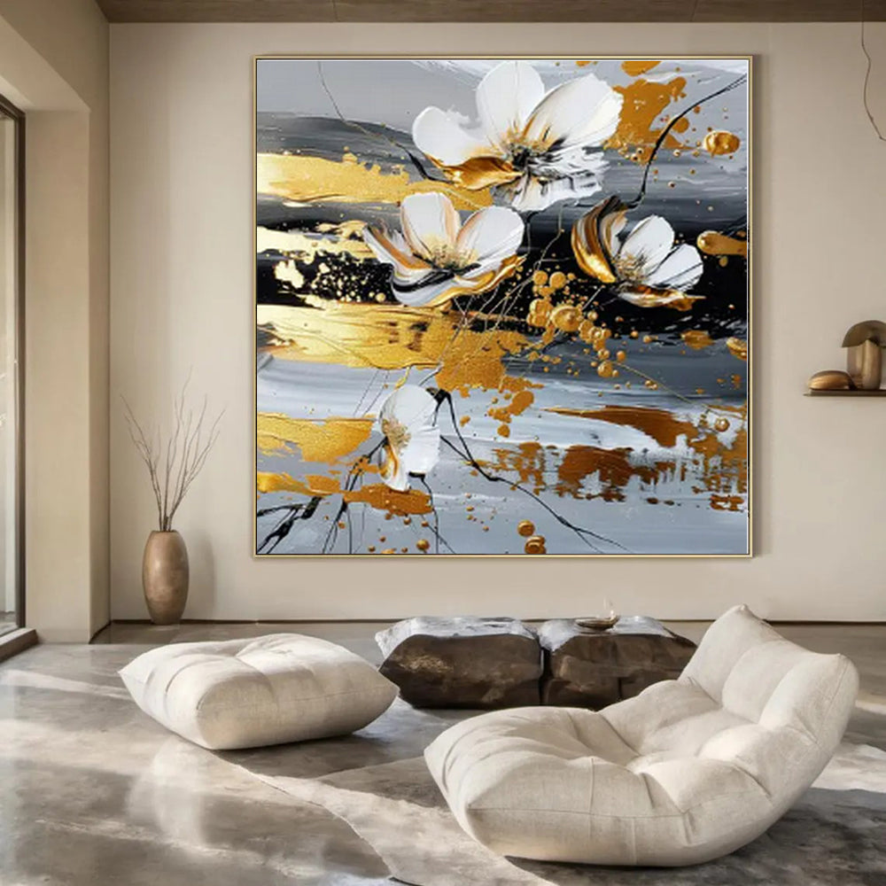 White, Gold, Gray with Floating Flowers "Airy Blooms" Floral Painting On Canvas PS1255