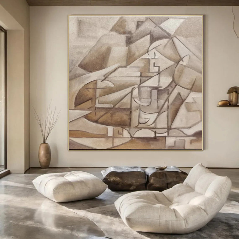 Brown, Beige with Cubist Forms "Abstract Village" Abstract Painting On Canvas PS1456