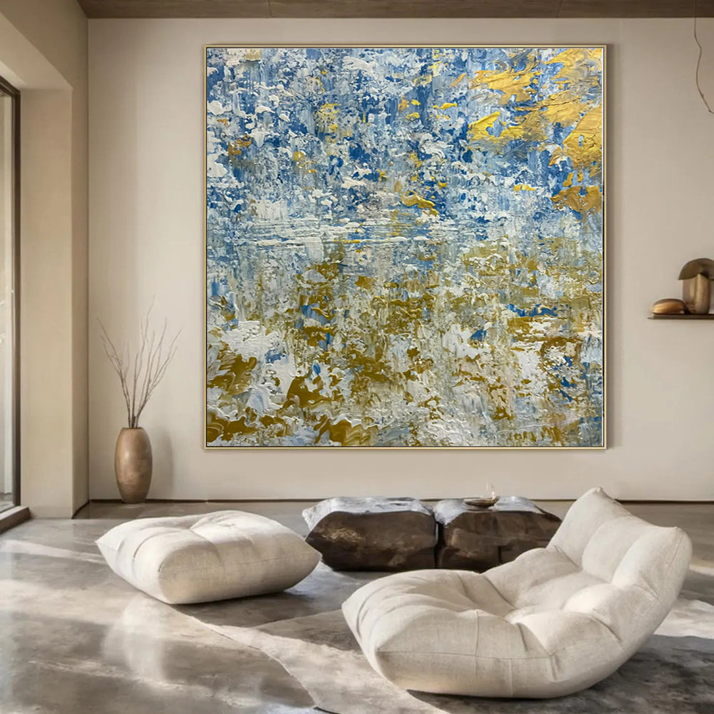Blue and Gold Textured Blend - Abstract Impasto Waves Painting On Canvas PS1224