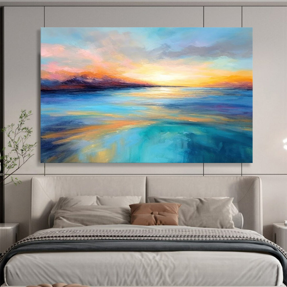 “Vibrant Sunset Sea in Pink and Blue” - Expressive Marine Painting On Canvas PT069