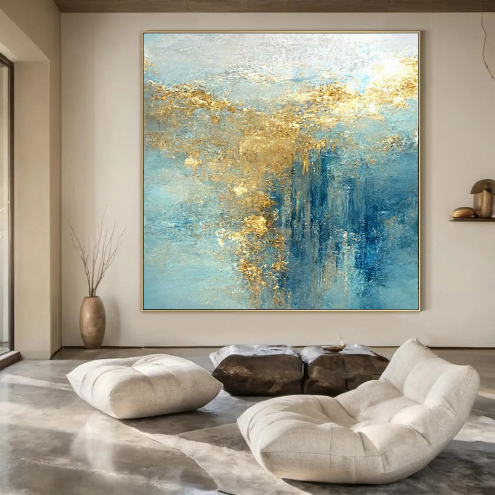 Blue, Gold, and Teal Flowing, "Celestial Current" – Abstract Fluid Painting On Canvas PS1010