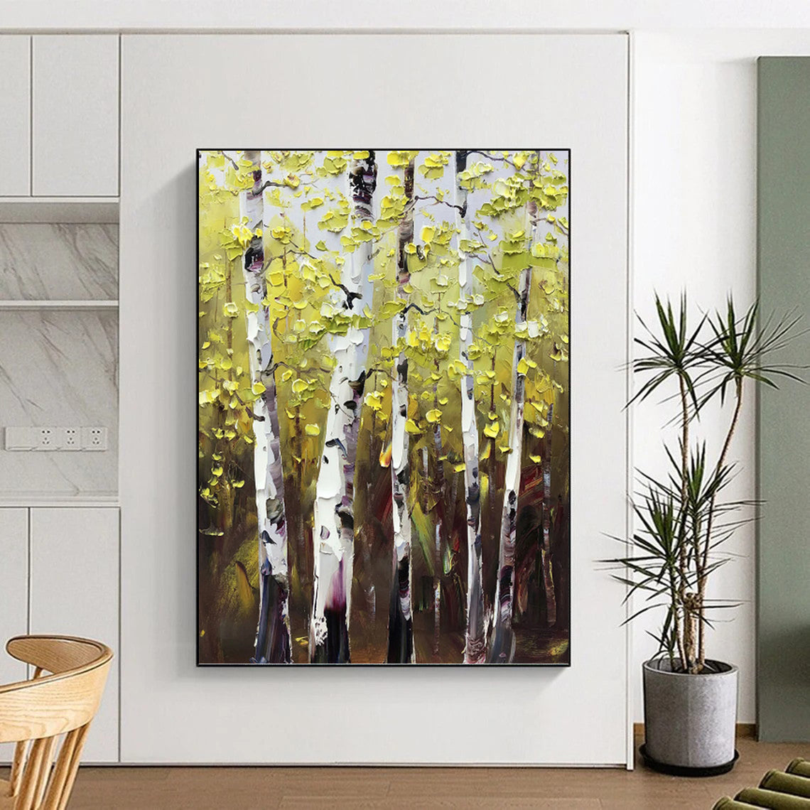 “Yellow - Green Birch Forest” - Impasto Landscape Painting On Canvas PT1282