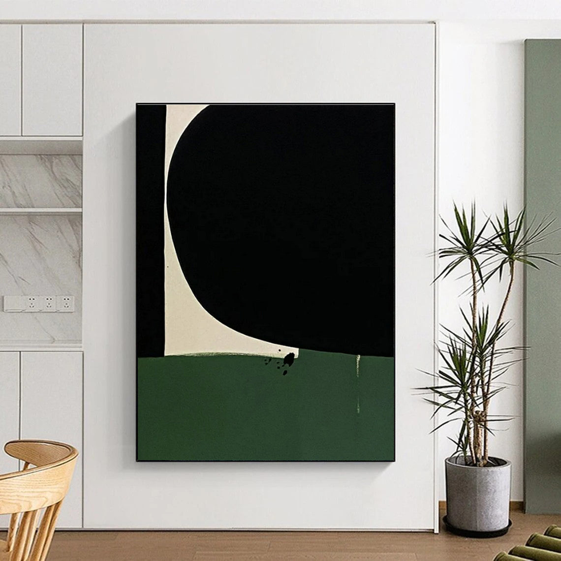 “Minimalist Color Blocks” - Black, Green, White Abstract Geometric Painting On Canvas PS0651