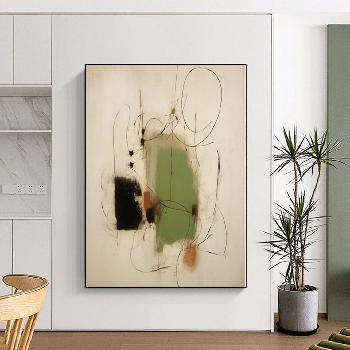 “Green - Black - Brown Abstract Lines” - Green, Black, Brown, White Abstract Painting On Canvas PS0518