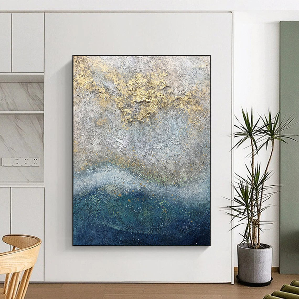“Textured Grey - Gold: Abstract Coastal Art” - Luxe Seaside Painting On Canvas PT0958