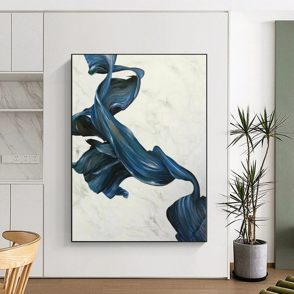 “Blue - White Abstract Flowing Ribbons” - Graceful Abstract Painting On Canvas PS0349