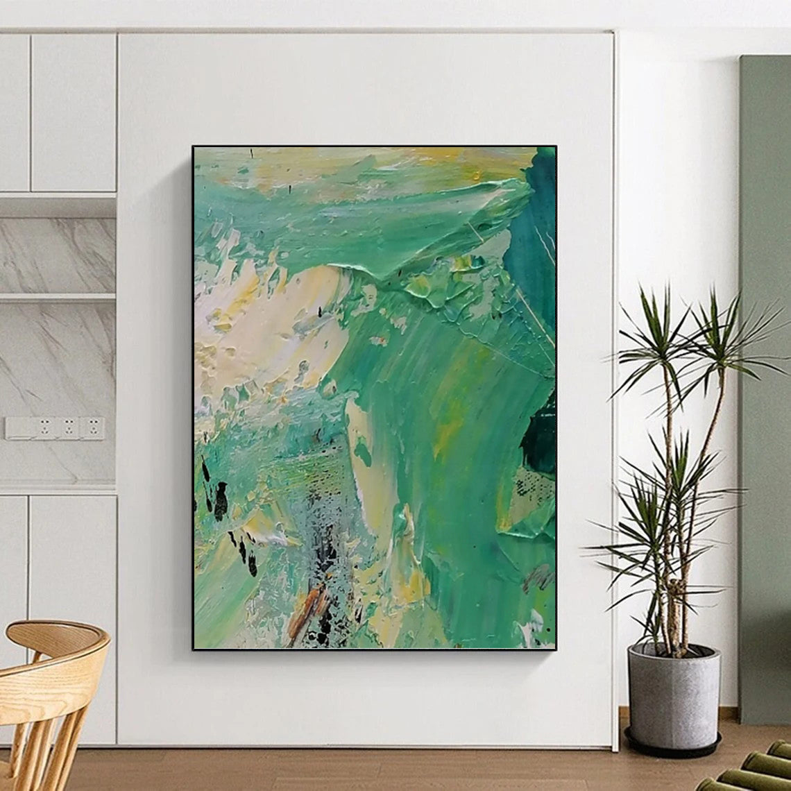 “Green - Yellow Abstract Textures” - Palette - Knife Abstract Painting On Canvas PT1270