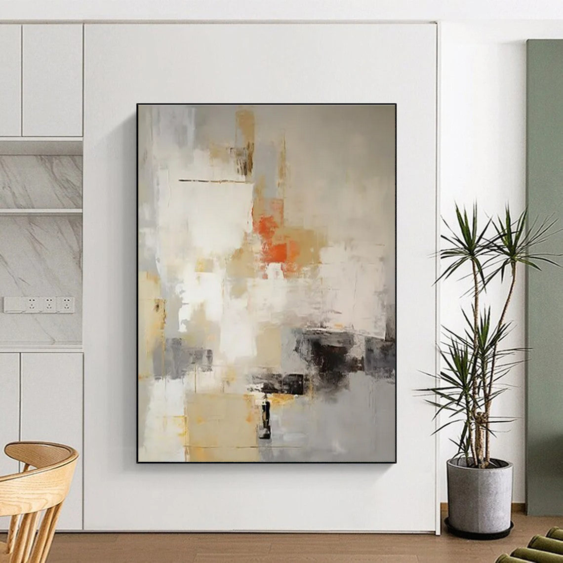 Beige, Gray, Orange & Black Abstract "Sunset Haze" Painting On Canvas PS0870