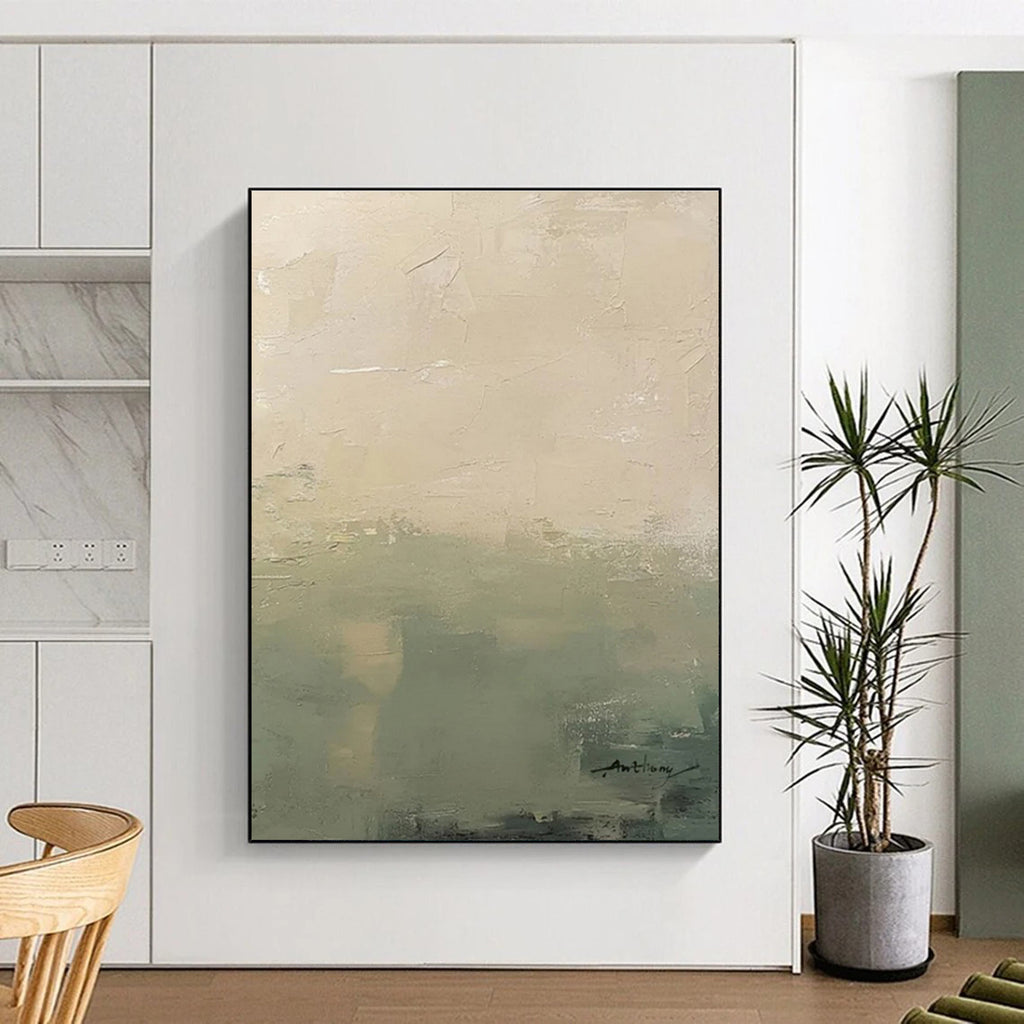 “Soft Green - Beige Gradient” - Beige, Green Abstract Landscape Painting On Canvas PS0657
