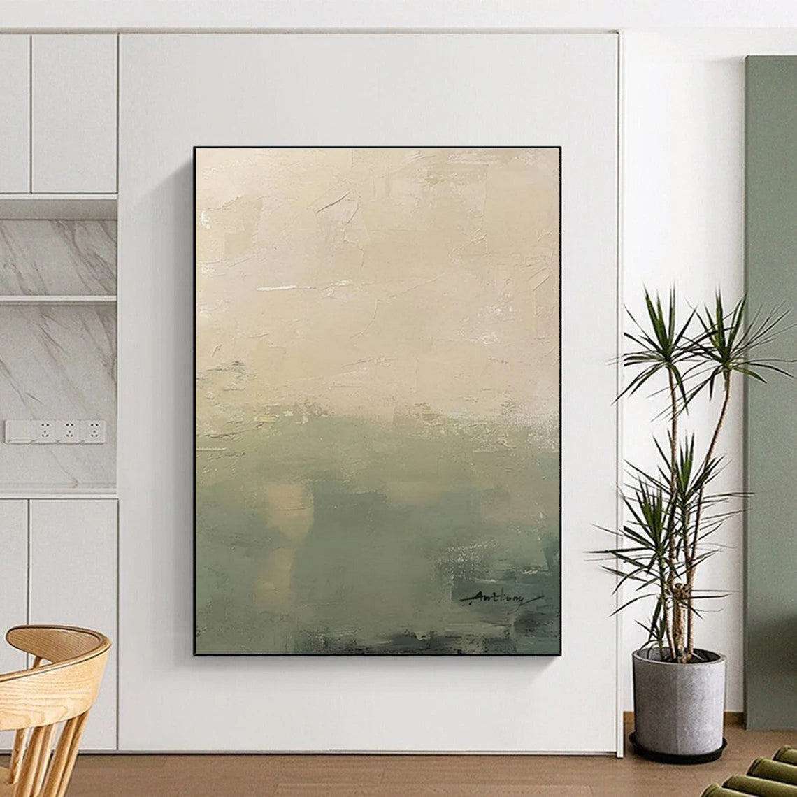 “Soft Green - Beige Gradient” - Beige, Green Abstract Landscape Painting On Canvas PS0657
