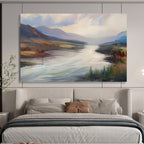 “Flowing River Valley” - Blue, Green & Brown Landscape, Smooth Oil Painting On Canvas DKS726