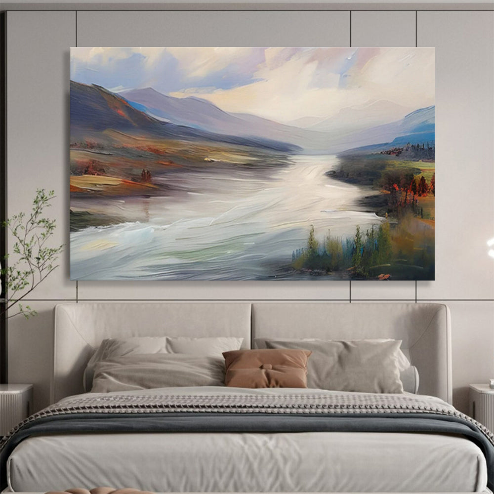 “Flowing River Valley” - Blue, Green & Brown Landscape, Smooth Oil Painting On Canvas DKS726