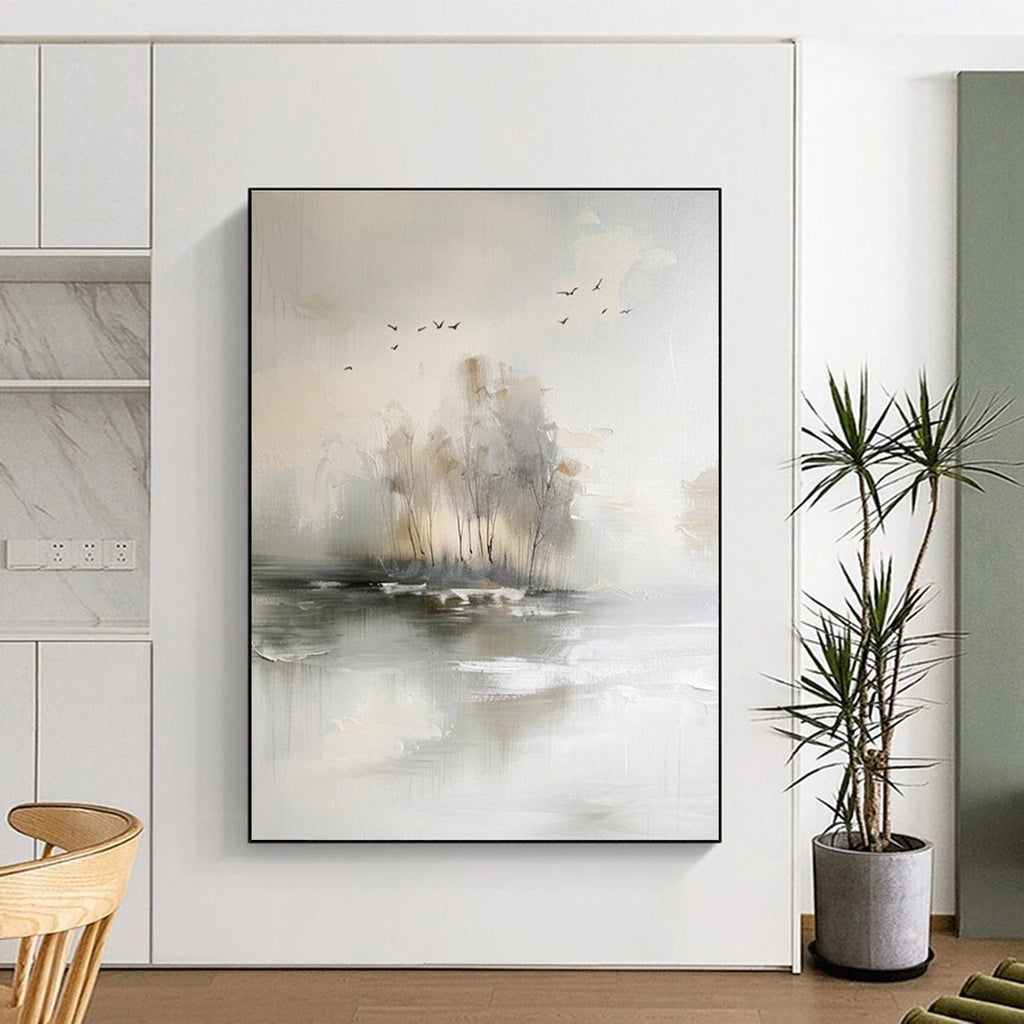 “Misty Landscape Serenity” - Gray, White, Beige Abstract Landscape Painting On Canvas PS0626