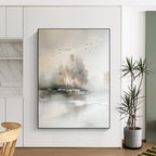 “Misty Landscape Serenity” - Gray, White, Beige Abstract Landscape Painting On Canvas PS0626