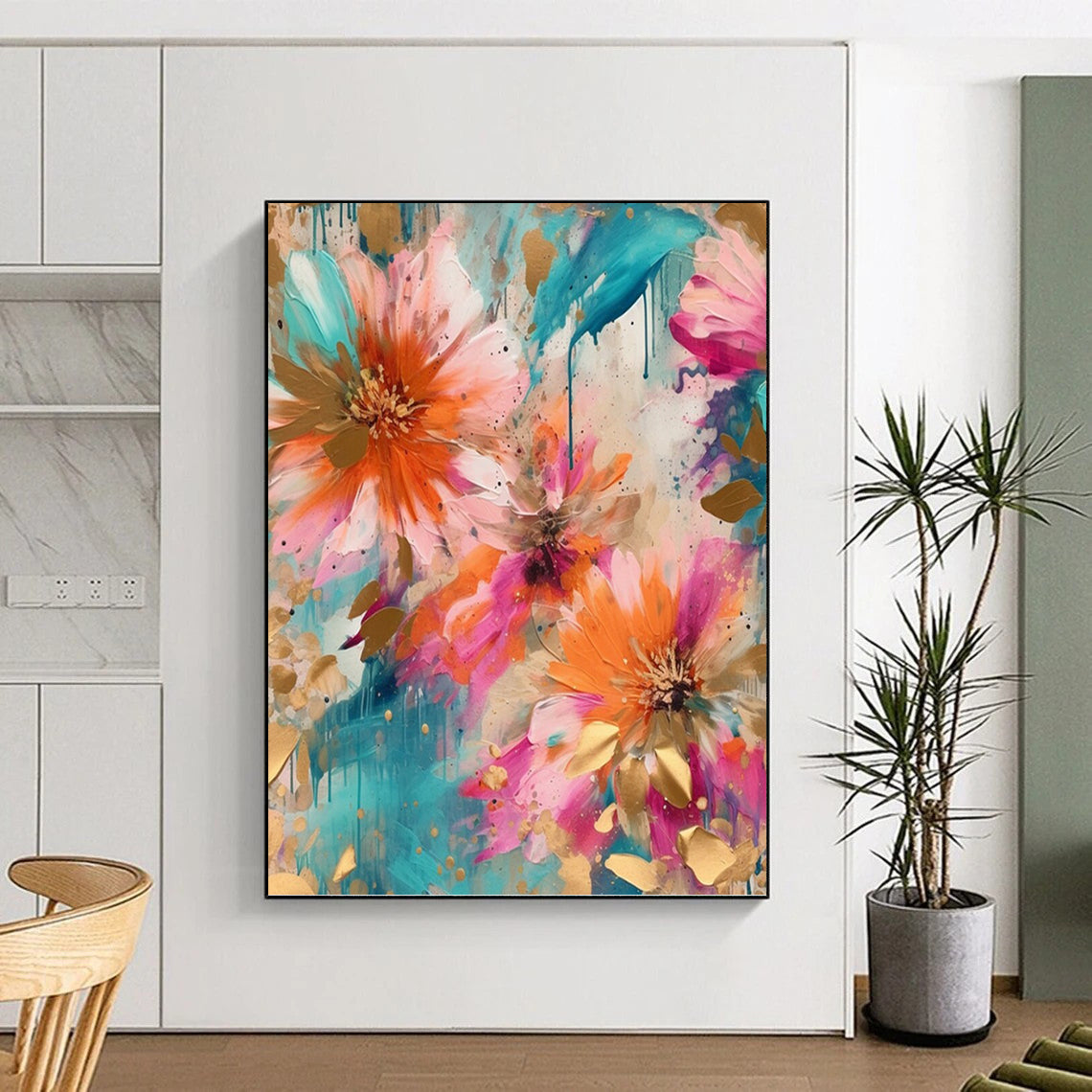 “Teal and Gold Floral” - Botanical, Luxe - Styled Painting On Canvas PT1598
