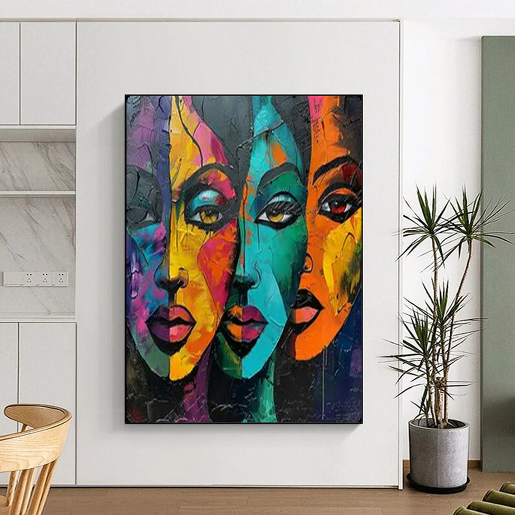 Colorful Visions Vibrant Cubist Faces, Painting On Canvas PT2161