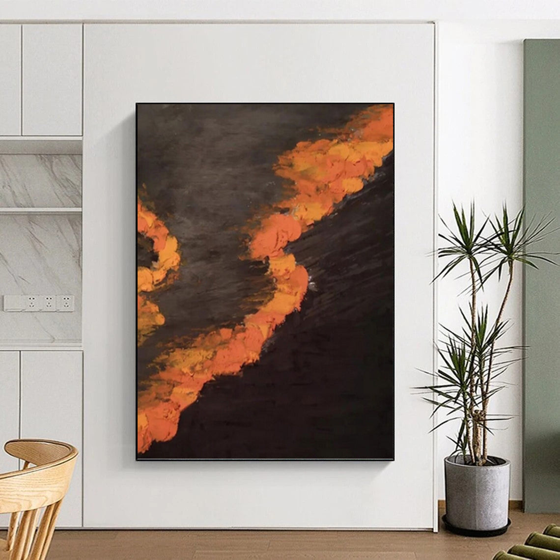 “Black and Orange Flames: Dramatic Abstract” - Bold Expressionistic Art On Canvas PT0961