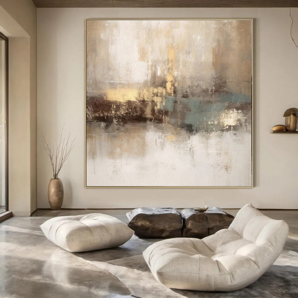 Beige, Gold, Teal, and White, "Ethereal Sands" – Abstract Painting On Canvas PS1019