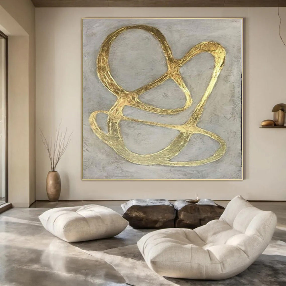 Gray with Intertwined Gold Lines "Golden Entanglement" Opulent Abstract Painting On Canvas PS1098