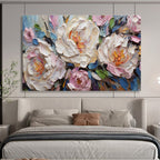 “White and Pink Peonies with Blue Accents” - Impasto Oil Painting On Canvas DKS891
