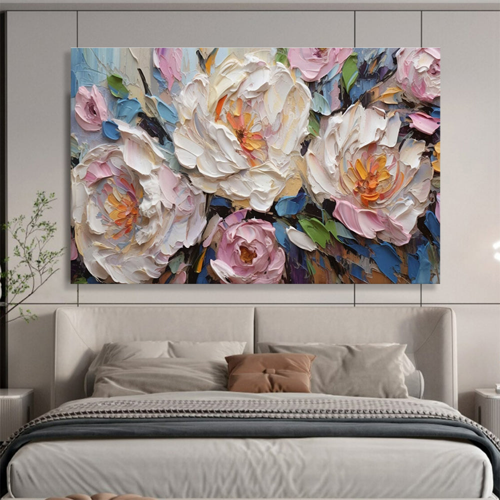 “White and Pink Peonies with Blue Accents” - Impasto Oil Painting On Canvas DKS891