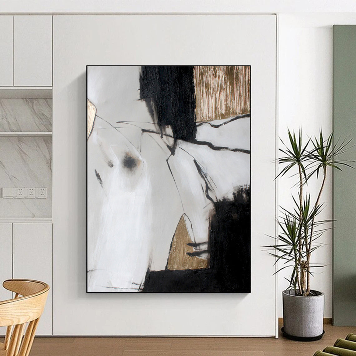 “Black, White and Gold Abstract” - Minimalist Luxe Painting On Canvas PT1005