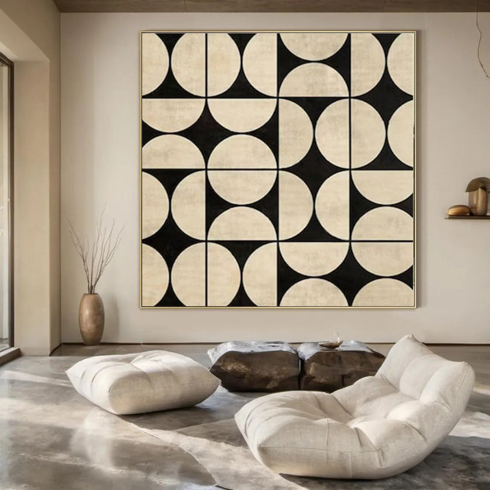 Black and Beige Geometric Pattern "Retro - Modern Mosaic" Abstract Painting On Canvas PS1082