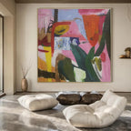 Pink, Green, Blue, Yellow with Playful Forms "Botanical Rhapsody" Abstract Painting On Canvas PS1410