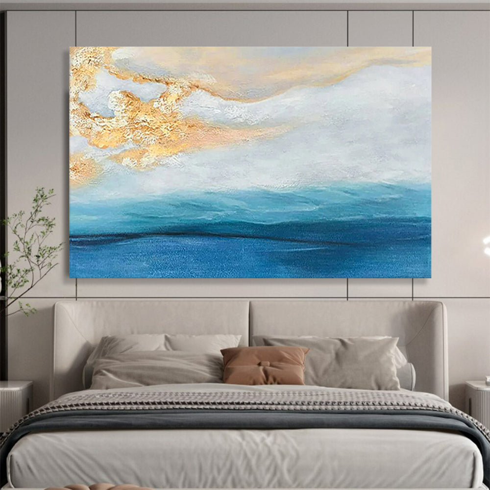 “Gold - Blue Coastal Abstract” - Serene Blends Painting On Canvas PT1521