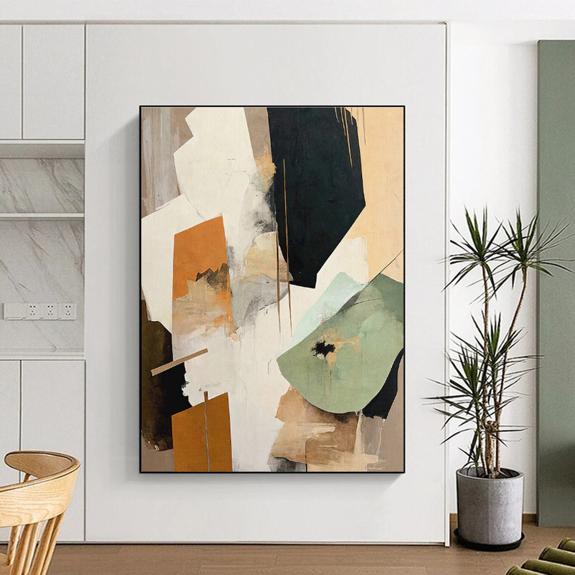 “Orange & Green Abstract Collage” - Orange, Green, Gray, White Abstract Mixed - Media Painting On Canvas PS0756
