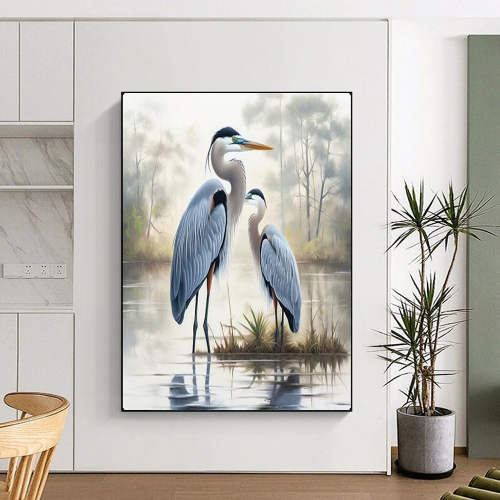 Blue Herons in Misty Marsh, Romanticism like Turner, Wildlife Painting On Canvas PT2129