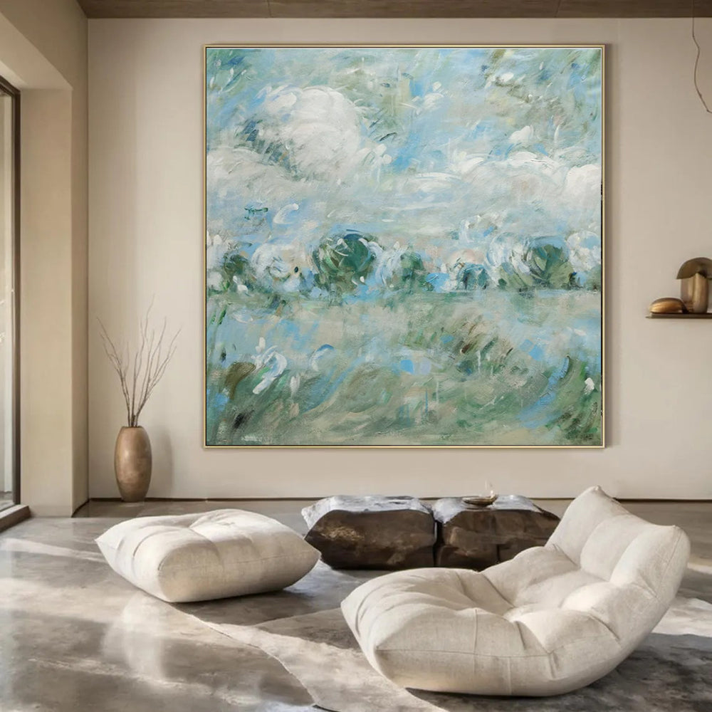 Blue, Green, White with Impasto Landscapes "Soft Horizon" Abstract Painting On Canvas PS1439