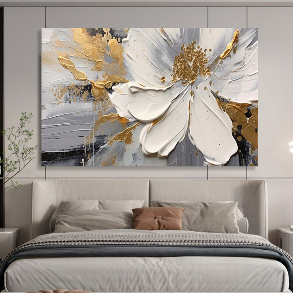 “White Flower & Gold Accents” - Impasto Floral - Painting On Canvas PT1703