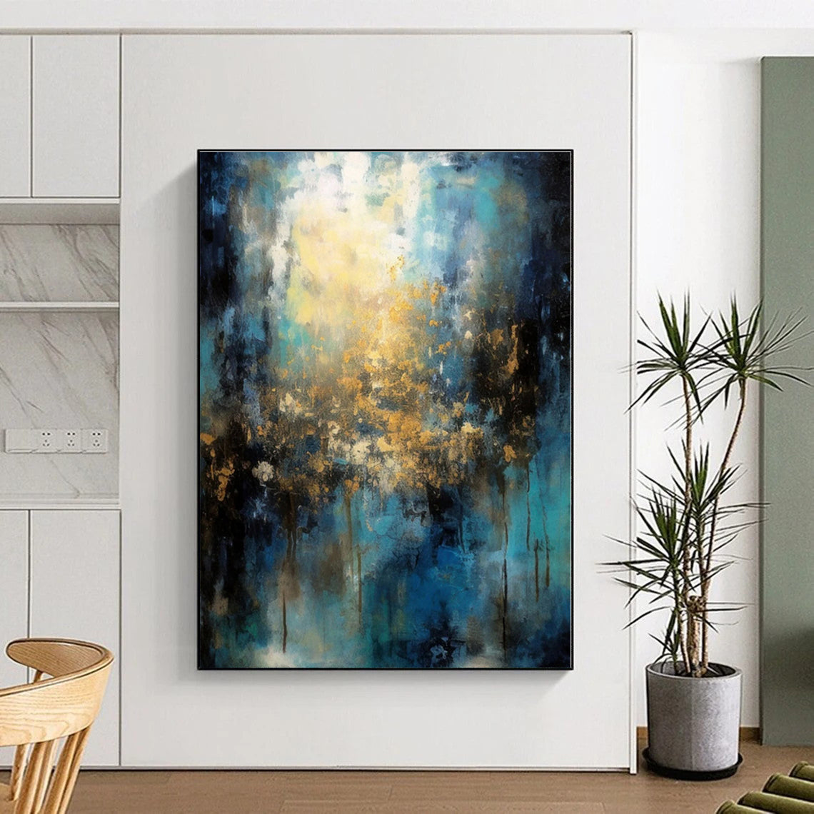 “Teal - Gold Abstract Light” - Teal, Gold, Blue Abstract Painting On Canvas PS0451