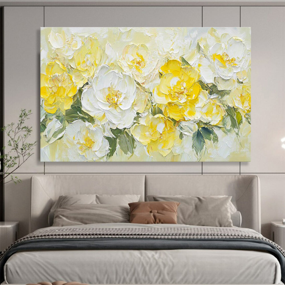“Sunny Yellow & White Blooms” - Bright Floral, Impasto Flower Bouquet Painting On Canvas DKS696