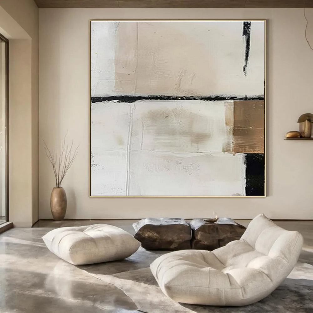 White, Beige, Black, Gold with Textured Blocks "Subtle Contrast" Abstract Painting On Canvas PS1475