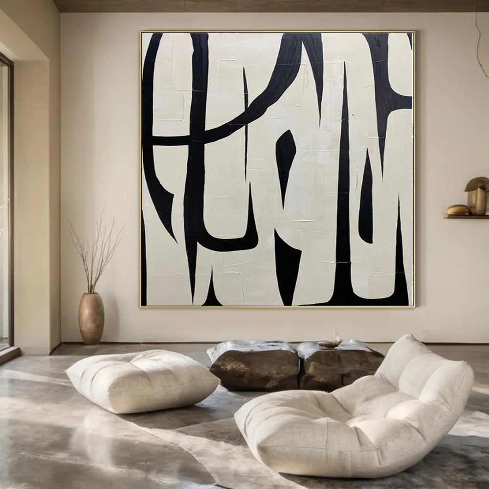 Black and White with Bold, Intertwined Forms "Dynamic Interplay" Abstract Painting On Canvas PS1133
